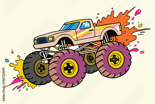 Dynamic monster truck illustration in vibrant colors with splashes, perfect for automotive art, posters, and action-packed designs Toy.