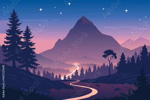 Create a vector illustration of a fantasy quest game scene featuring bold, silhouetted mountains at sunset, a winding path, and possibly a lone figure.  Focus on a dramatic and epic feel.