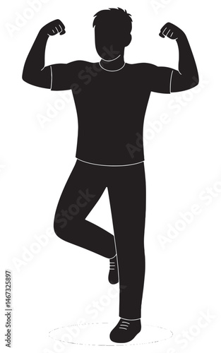 Silhouette of strong man flexing biceps and balancing on one leg for fitness and health concept
