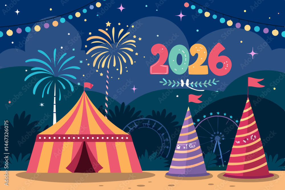 Design a vibrant 2026 festival vector illustration featuring celebratory party hats, incorporating modern design elements and bold colors. Design a vibrant 2026 festival vector illustration featuring celebratory party hats, incorporating modern design elements and bold colors.