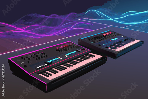 Design a vibrant futuristic music vector background featuring a sleek synthesizer, glowing neon accents, and abstract geometric shapes, evoking a sense of electronic music.