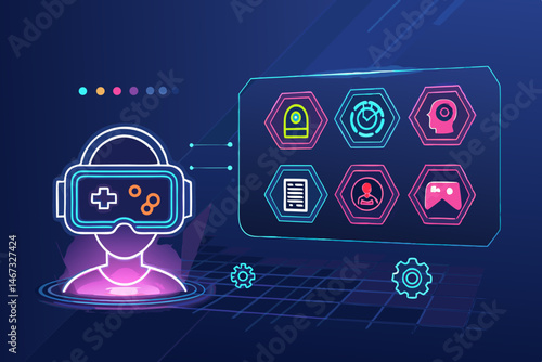 Design a bold, holographic 'U' integrated into a futuristic VR gaming scene.  Vector illustration needed, showcasing vibrant colors and dynamic elements.