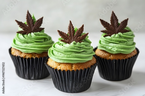 Delicious cannabis infused cupcakes decorated with chocolate marijuana leaf on white background