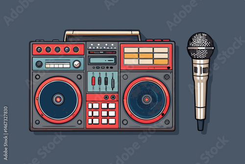 Design a vibrant vector illustration featuring a bold boombox, microphone, and other hip hop elements.  Style should be energetic and eye-catching.