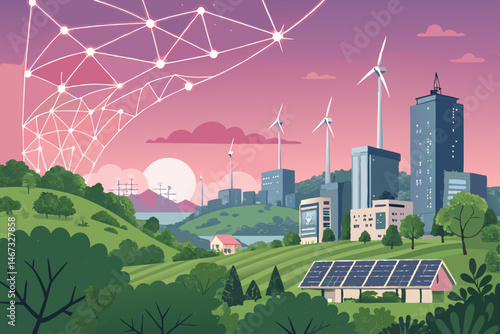 Futuristic green city skyline powered by renewable energy, featuring BOL technology, showcasing sustainable architecture and clean transportation.