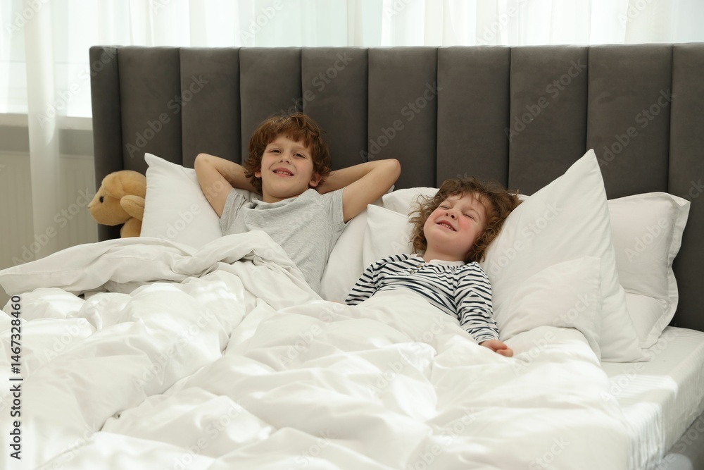 Fototapeta premium Cute little brothers laying in bed at home