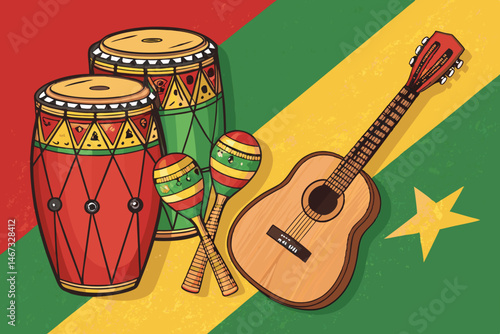 Vibrant vector illustration of Latin music instruments congas, maracas, and guitar,  depicting a lively and festive atmosphere.
