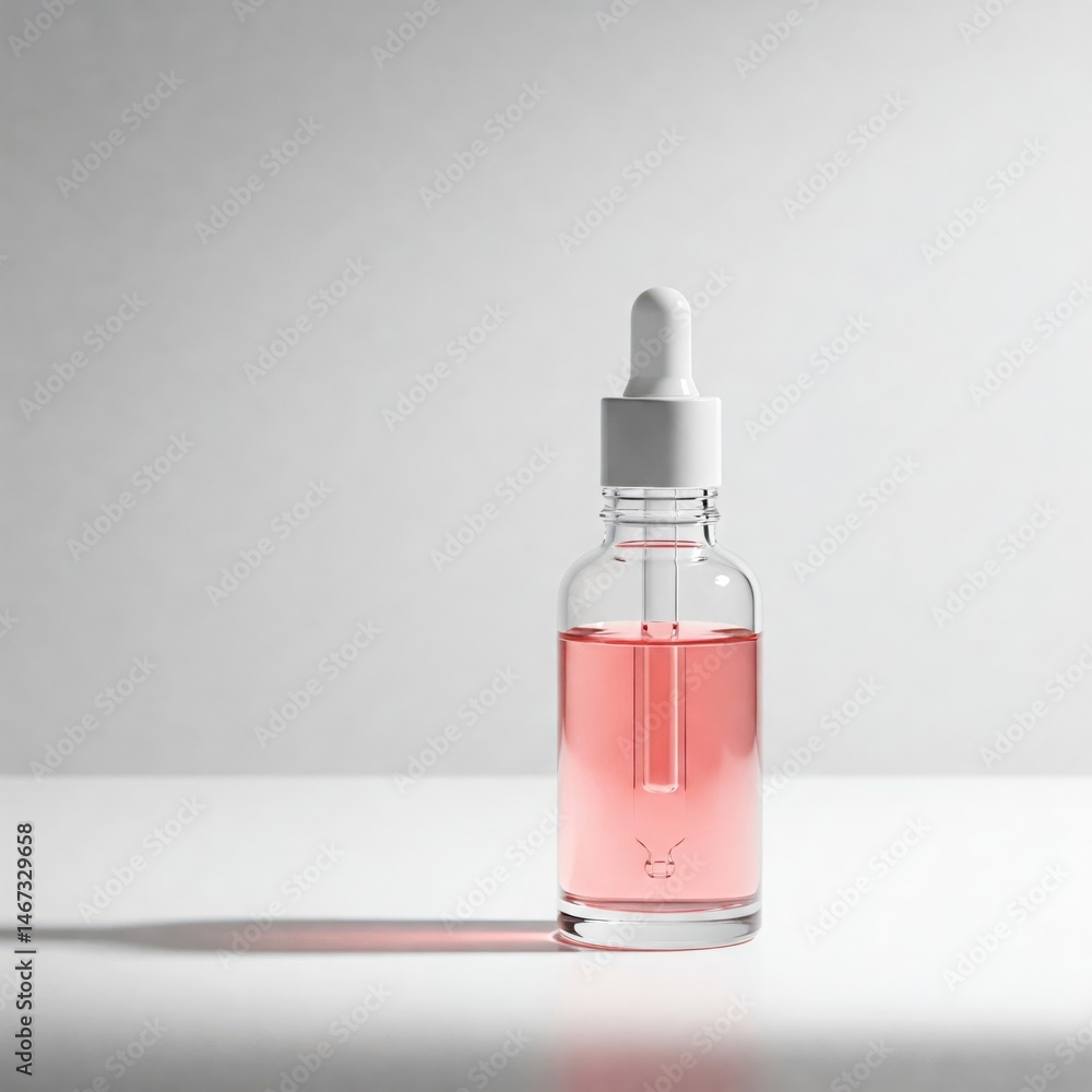 Fototapeta premium Glass dropper bottle with pink liquid on white background