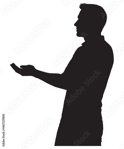 Silhouette of man offering hand gesture presenting offering holding something or showing product isolated on white