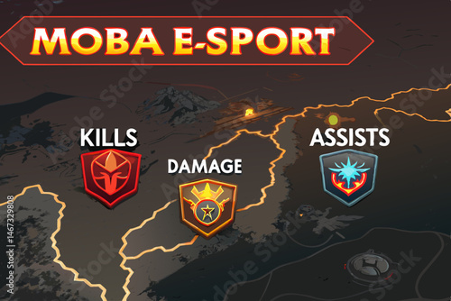 Design a vibrant esports banner for a MOBA game, featuring bold, glowing role icons (tank, support, mage, etc.) with dynamic effects.  Include team logos and a space for tournament details.