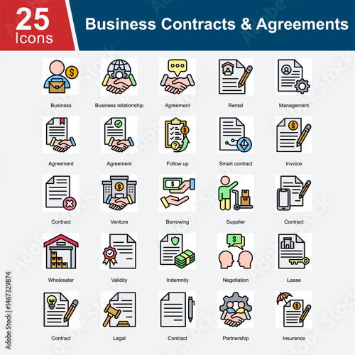 Business Contracts & Agreements is a collection of icons representing various business contracts, including rental agreements, partnership contracts, smart contracts, leases, supplier agreements.