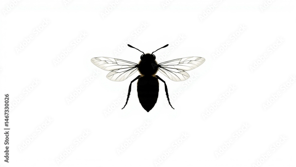 Obraz premium Close up view of a black wasp with translucent wings spread out on a white background in sharp detail created with generated ai