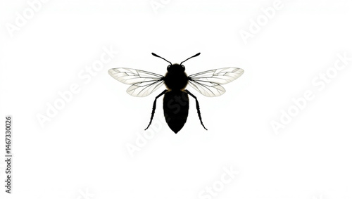 Close up view of a black wasp with translucent wings spread out on a white background in sharp detail created with generated ai
