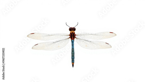 Detailed close up of a dragonfly with transparent wings on a plain white background centered in frame created with generated ai