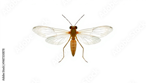 Close up of a tawny colored alderfly with transparent wings on a white background displaying details created with generated ai