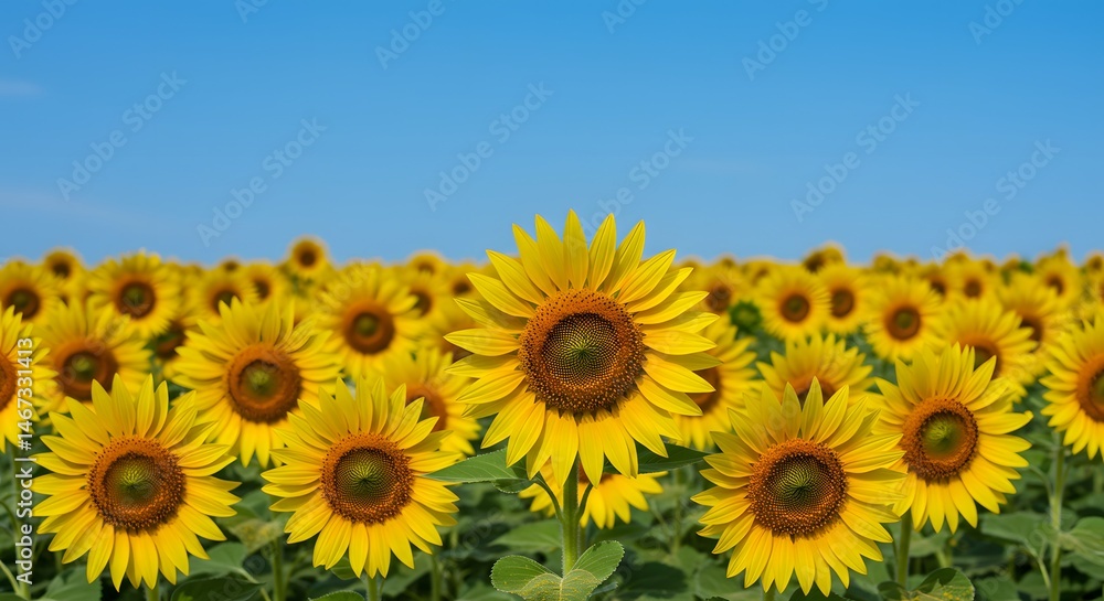 Obraz premium Yellow sunflowers in a row with a blue sky, close-up composition for stock image
