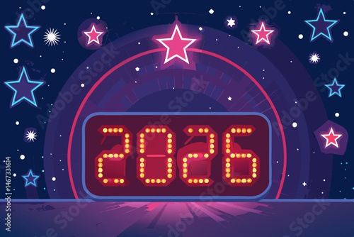 Design a vibrant vector background for a 2026 countdown party, incorporating the letter 'B'.  Include celebratory elements.