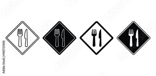 Restaurant Road Sign Icons Black and White Diamond Shapes with Fork and Knife Symbols Vector Design 