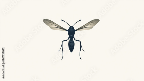 Illustration of a dark colored wasp with translucent wings against a white background viewed from above created with generated ai