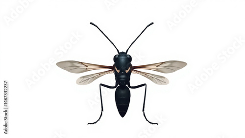 Illustration of a black wasp with transparent wings and long antennae on a white background created with generated ai