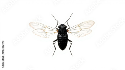 Close up shot of a black winged insect with visible veins on a white background in studio lighting created with generated ai