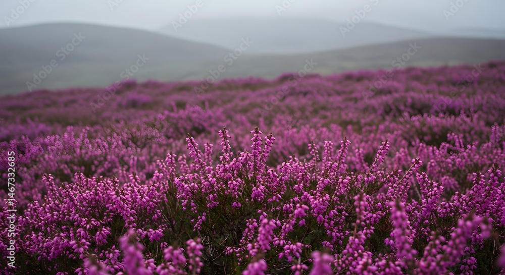Close-up of blooming heather in a mountain field, misty background Close-up of blooming heather in a mountain field, misty background
