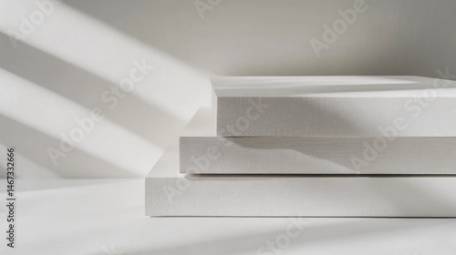 Three white textured squares stacked, sunlit, minimalist.