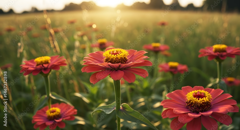 Fototapeta premium Wide-angle macro of blooming zinnias in a field, warm natural lighting
