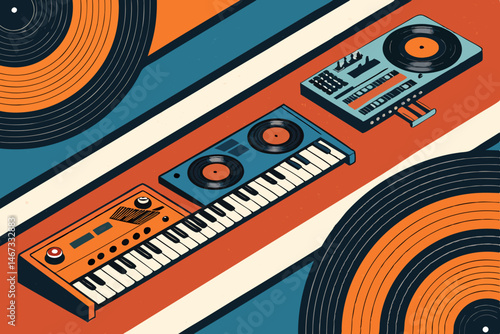 Design a vibrant retro music background vector featuring stacked vinyl records, musical notes, and a 1970s color palette.  Include a dynamic, energetic feel.