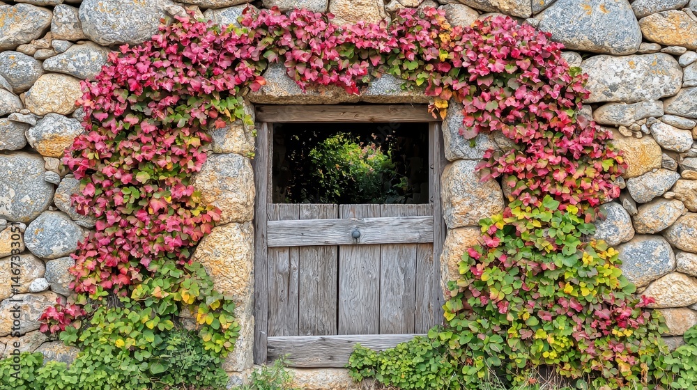 Fototapeta premium Rustic stone wall with wooden door frame and climbing vibrant plant