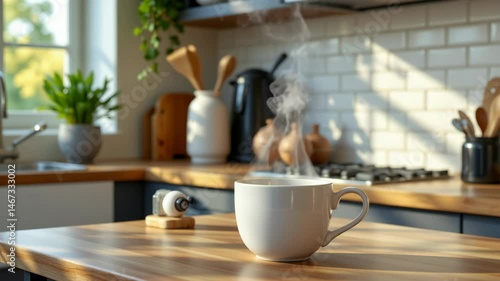 A steaming white coffee mug sits on a sunlit wooden kitchen countertop, surrounded by cozy and modern decor.