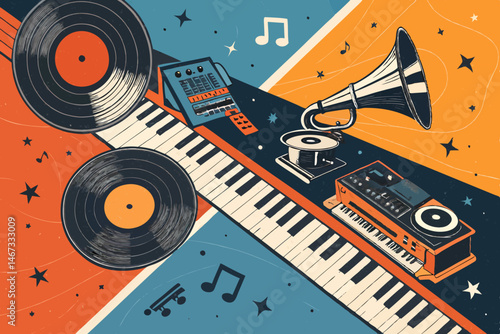Create a vibrant retro music background vector featuring stacked vinyl records, radiating lines, and a vintage color palette.  Include stylistic elements reminiscent of 1970s music posters.