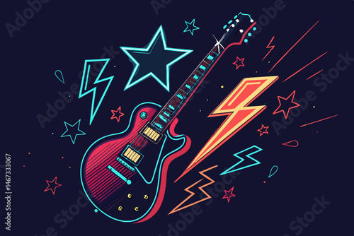Design a vibrant vector poster for a rock concert featuring a bold, stylized electric guitar.  Include space for band name, date, and venue.