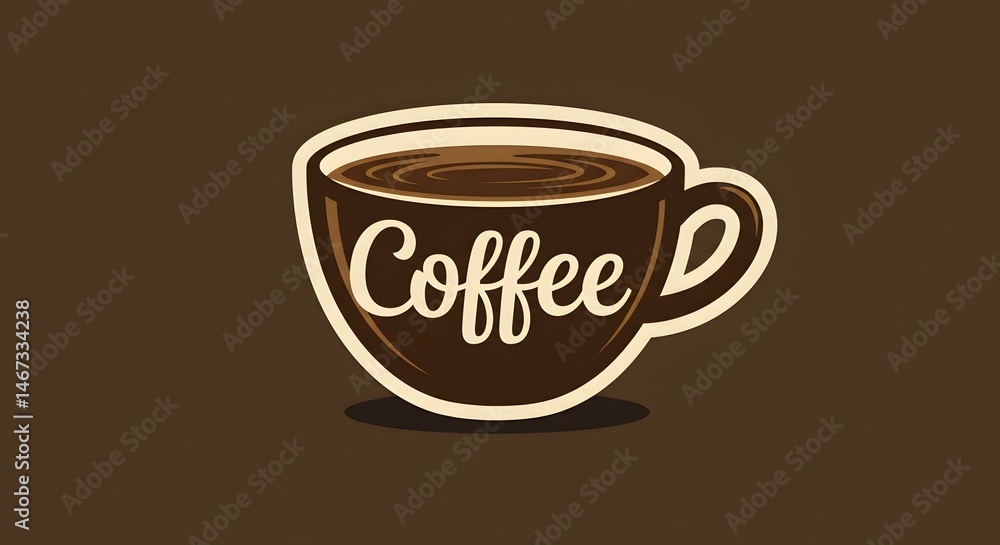 Obraz premium Minimalist clip art of a coffee cup with steam rising and the word “coffee” integrated, ideal for cafe logos, packaging, or branding templates.