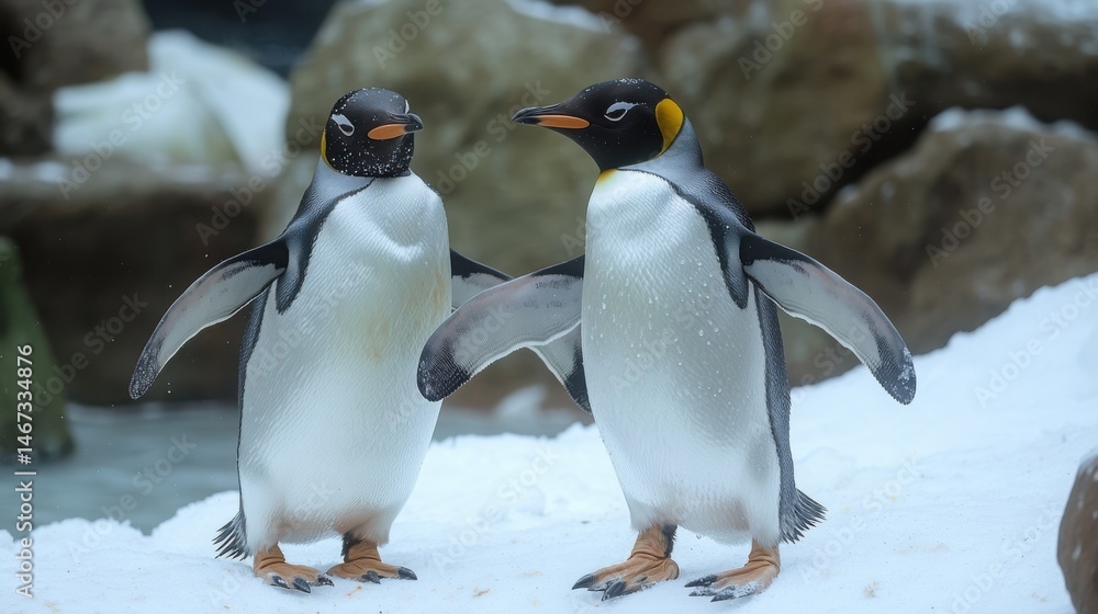 Obraz premium Penguin pair dancing together on white, one bowing while the other twirls, their webbed feet leaving slight moisture marks on the surface