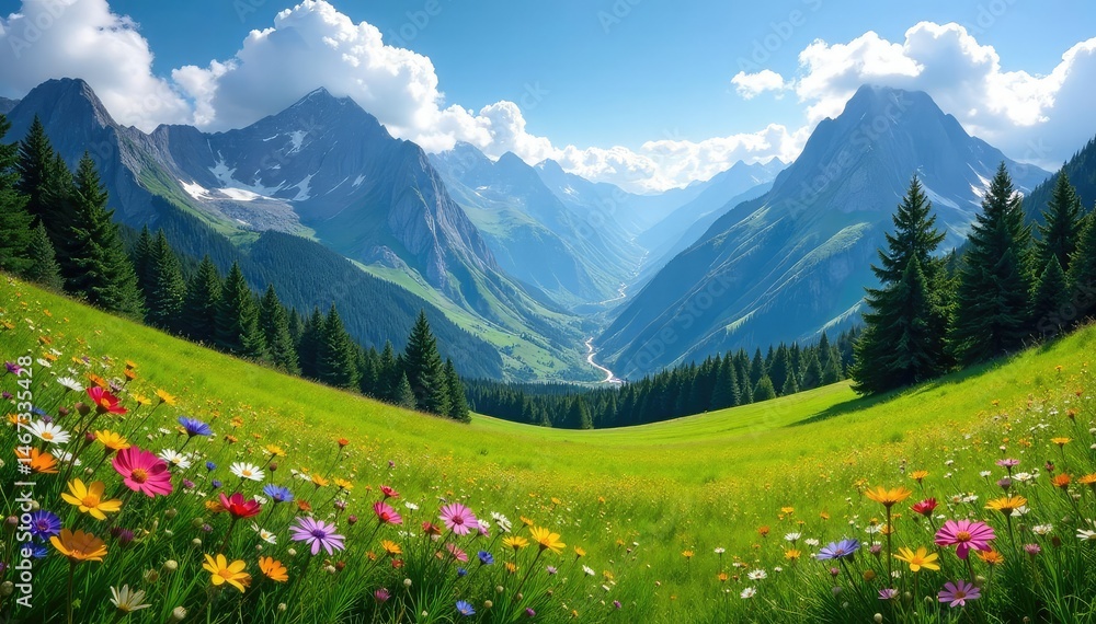 Obraz premium Serene alpine meadow nestled amongst towering mountains, wildflowers in bloom , vibrant, majestic, natural beauty