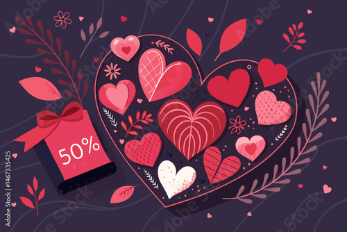 Design a Valentine's Day discount banner featuring a bold, stylized heart.  Include space for promotional text and a clear call to action. Vector format required.
