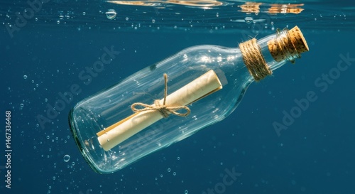 Message in a bottle floating underwater with a cork and twine tied around
