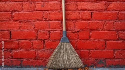 Wallpaper Mural Broom leaning against a vibrant red brick wall Torontodigital.ca