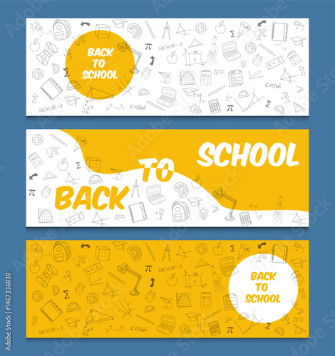 Colorful yellow bookmarks back to school vector illustration school items stationery bookmarks for books and notebooks with drawings Doodle art	