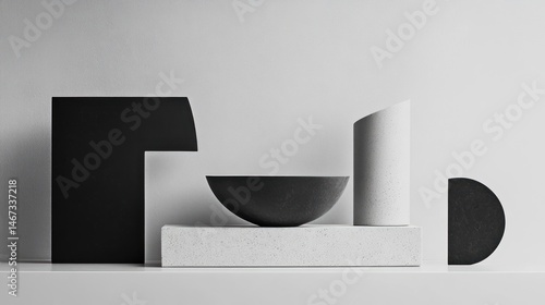Monochrome geometric shapes and bowl on white platform.