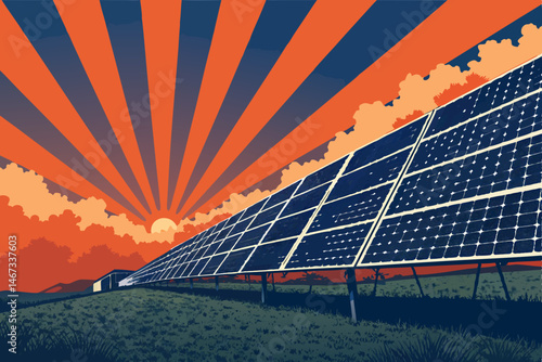 Create a vibrant vector illustration of solar panels set against a bold orange gradient background.  Focus on clean lines and a modern aesthetic.