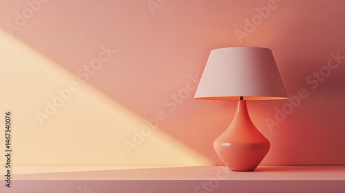 Peach lamp on shelf in sunlit room.