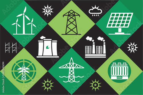 Create a bold grey vector grid showcasing diverse renewable energy icons solar, wind, hydro, geothermal, biomass.  High resolution, clean lines.