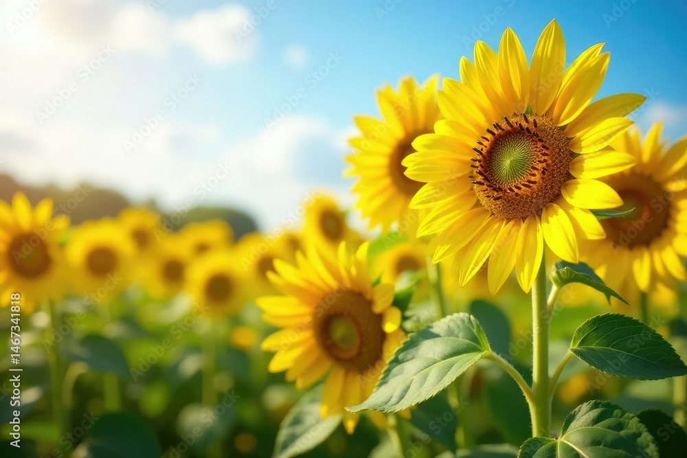 Fototapeta premium Happy sunflowers in full bloom on a sunny farm , bloom, sunlight