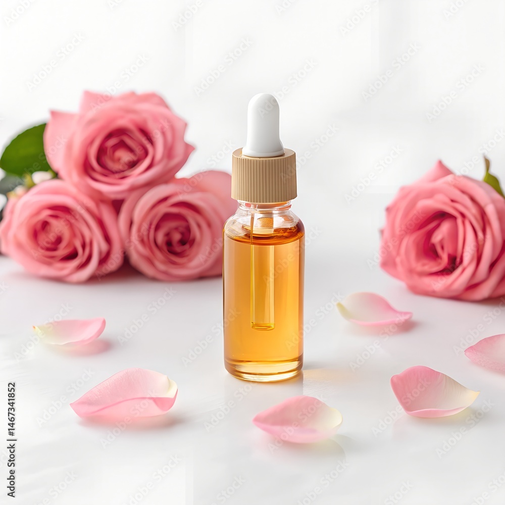 Glass Dropper Bottle of Rose Essential Oil with Pink Flowers Glass Dropper Bottle of Rose Essential Oil with Pink Flowers