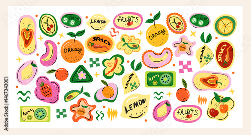Trendy fruit sticker set with bold lettering and vibrant colors hand-drawn labels with lemons, oranges, kiwis, cherries and juicy tropical vibes, perfect for packaging and summer design.