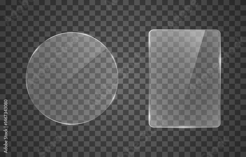 Set of realistic glossy plate with glare, vector png. Glass plate acrylic texture and glass effect.
