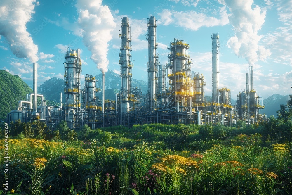 Industrial Factory with Smokestacks Amidst Lush Greenery and Mountains Under a Clear Blue Sky Industrial Factory with Smokestacks Amidst Lush Greenery and Mountains Under a Clear Blue Sky