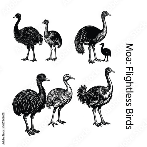 Moa Flightless birds linocut vector
